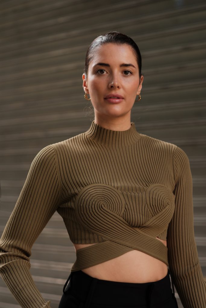 The stylist Alina Barchet wears a Dion Lee top during a fashion photoshoot in Paris.
